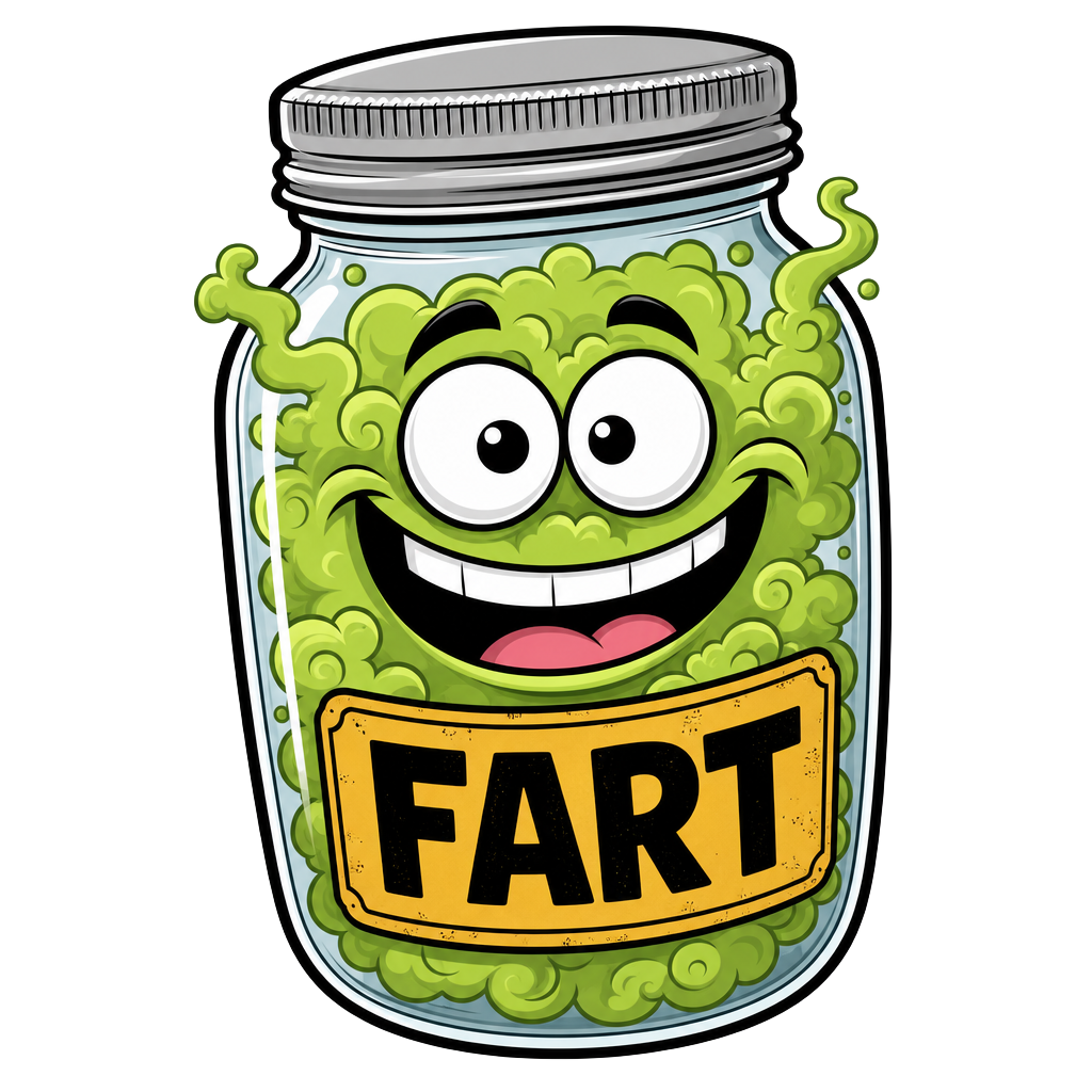 Cartoon mason jar mascot full of green fart clouds with a big grin
